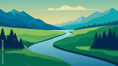 River landscape illustration with a view of green fields, mountains and trees