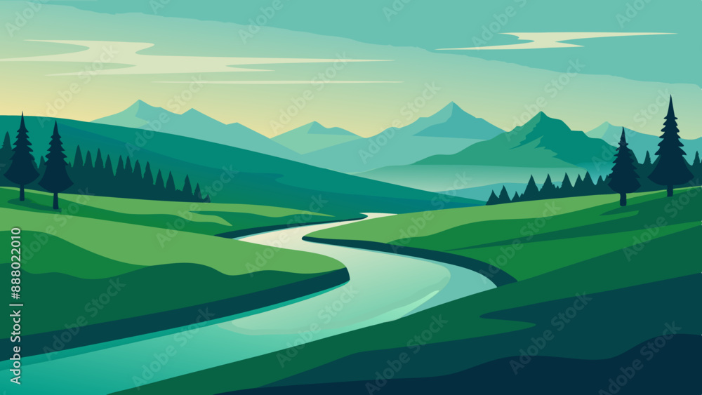River landscape illustration with a view of green fields, mountains and trees River landscape illustration with a view of green fields, mountains and trees