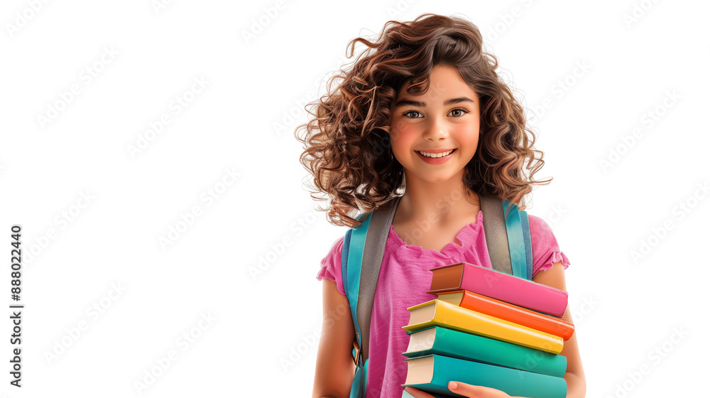 A vibrant, smiling young girl with curly hair holds a stack of colorful books against a white background. Ideal for educational, back-to-school A vibrant, smiling young girl with curly hair holds a stack of colorful books against a white background. Ideal for educational, back-to-school