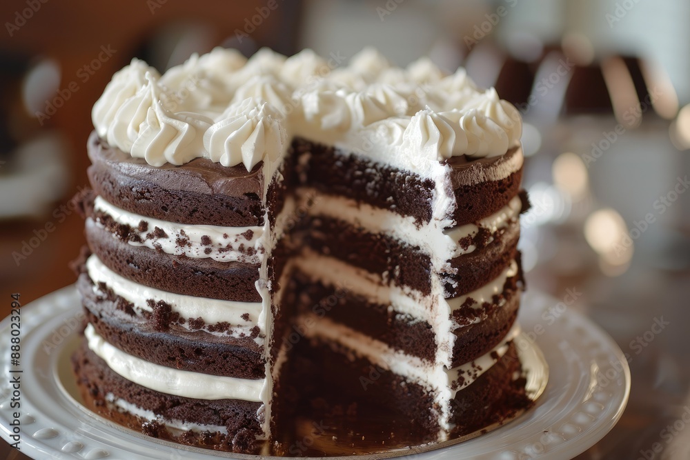 A decadent slice of chocolate cake on a white plate, AI generated A decadent slice of chocolate cake on a white plate, AI generated