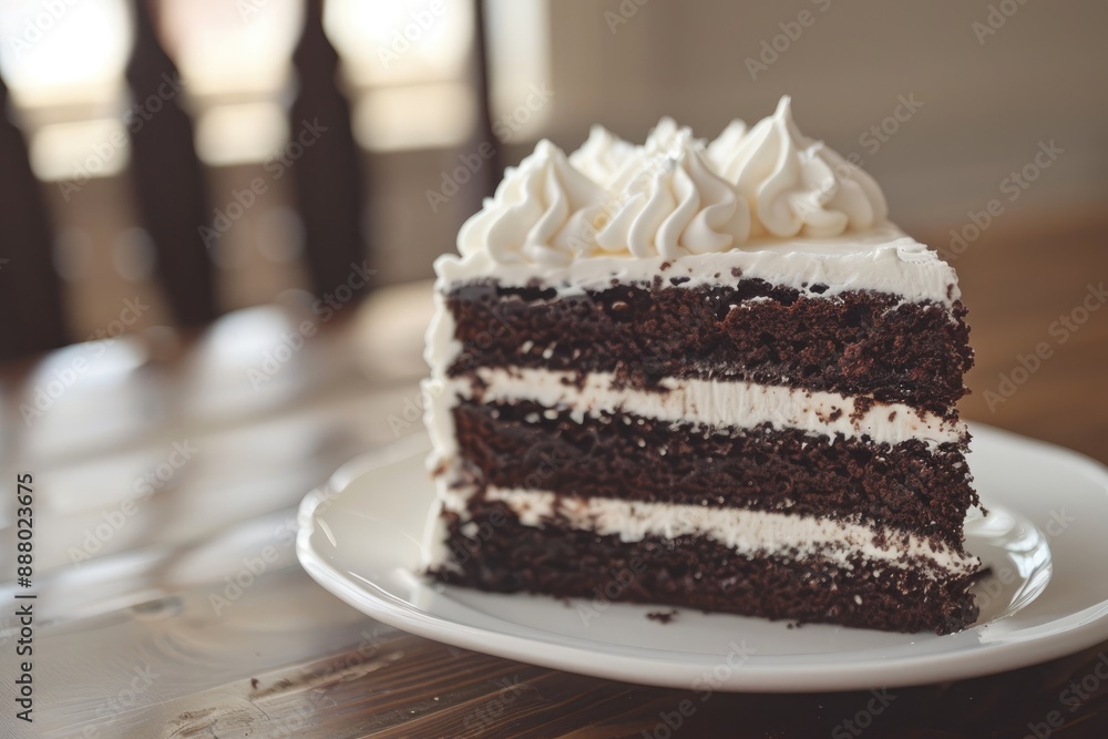 Indulgent chocolate cake slice on a plate, AI generated Indulgent chocolate cake slice on a plate, AI generated