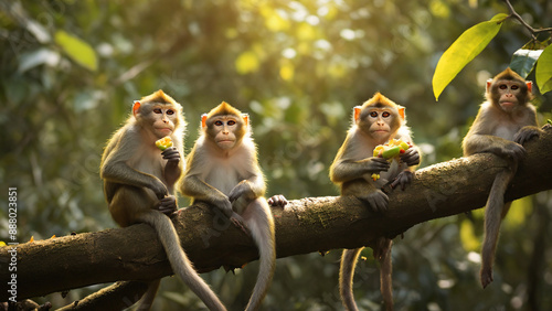 In tropical forest ,some young monkeys sits on a sturdy branch. photo