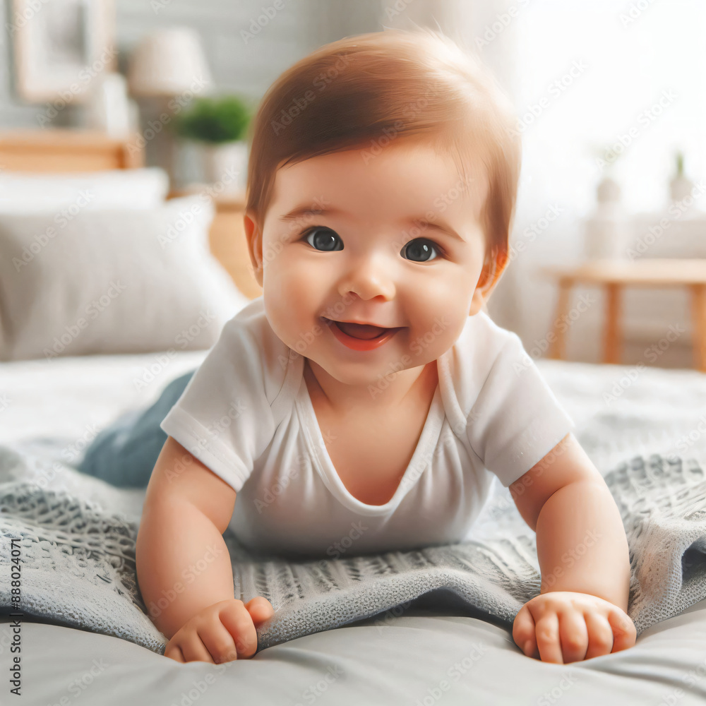 Happy baby. Cute little newborn girl with smiling face crawling on bed in bedroom. Infant baby resting playing lying down on blanket at home. Motherhood happy child childcare concept Happy baby. Cute little newborn girl with smiling face crawling on bed in bedroom. Infant baby resting playing lying down on blanket at home. Motherhood happy child childcare concept