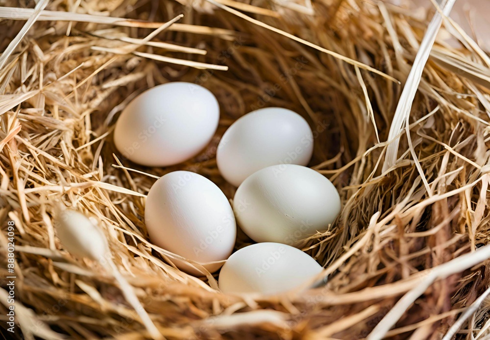 White chicken eggs in natural protein nests made from organic straw. White chicken eggs in natural protein nests made from organic straw.
