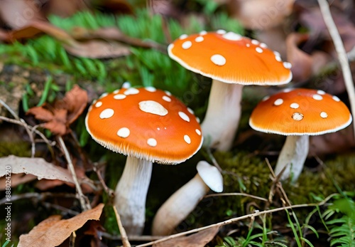 White and orange cap mushrooms in the forest or nature. Outdoor forest. Poisonous plants.