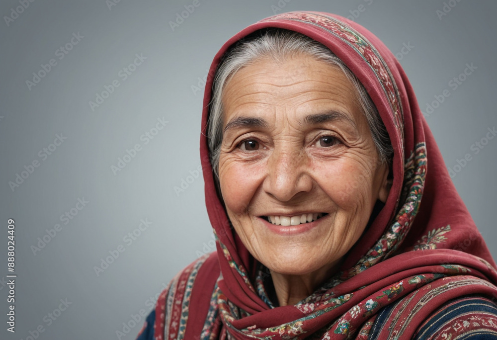 Portrait view of a regular happy smiling Tajikistan old woman, ultra realistic, candid, social media, avatar image, plain solid background Portrait view of a regular happy smiling Tajikistan old woman, ultra realistic, candid, social media, avatar image, plain solid background