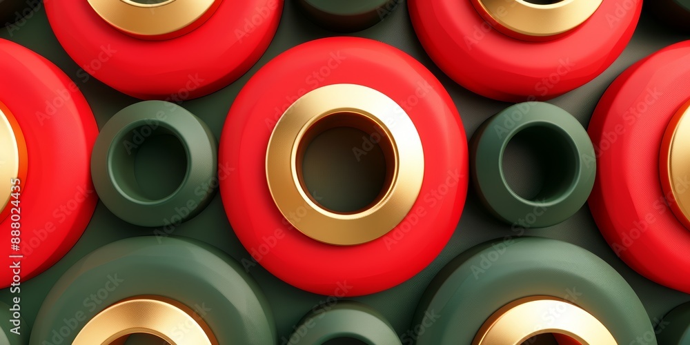 Circular and cylindrical shapes in gold, red, and green creating a vibrant and playful pattern. The glossy finish enhances the modern and stylish design Circular and cylindrical shapes in gold, red, and green creating a vibrant and playful pattern. The glossy finish enhances the modern and stylish design