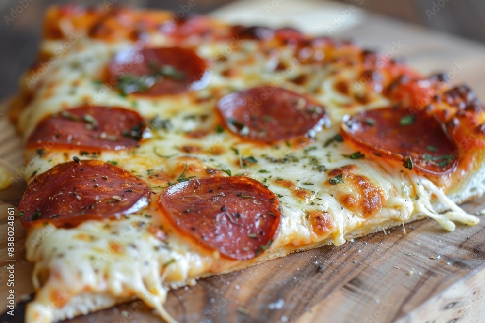Image of a slice of pizza being lifted from a pan, revealing gooey cheese and savory toppings Image of a slice of pizza being lifted from a pan, revealing gooey cheese and savory toppings
