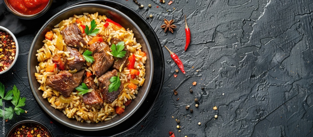 A tempting pilaf with meat displayed on a textured grey surface with room for text in the image. Copy space image. Place for adding text and design A tempting pilaf with meat displayed on a textured grey surface with room for text in the image. Copy space image. Place for adding text and design