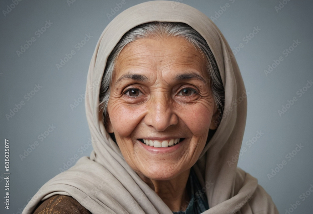 Portrait view of a regular happy smiling Afghanistan old woman, ultra realistic, candid, social media, avatar image, plain solid background Portrait view of a regular happy smiling Afghanistan old woman, ultra realistic, candid, social media, avatar image, plain solid background