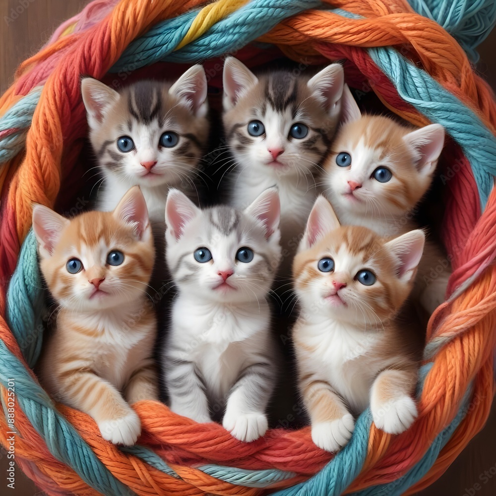 A litter of playful tabby kittens entangled in soft, vibrant yarn, displaying their mischievous curiosity and feline energy A litter of playful tabby kittens entangled in soft, vibrant yarn, displaying their mischievous curiosity and feline energy