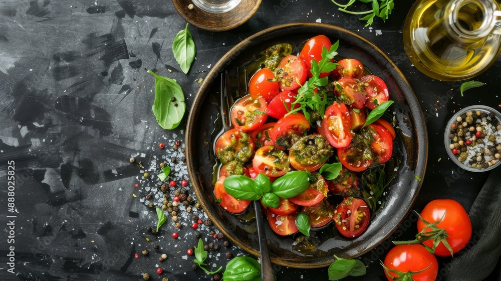 Tomato salad with pesto on a dark background Tomato salad with pesto on a dark background