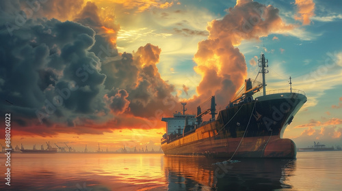 Cargo Ship at Sunset