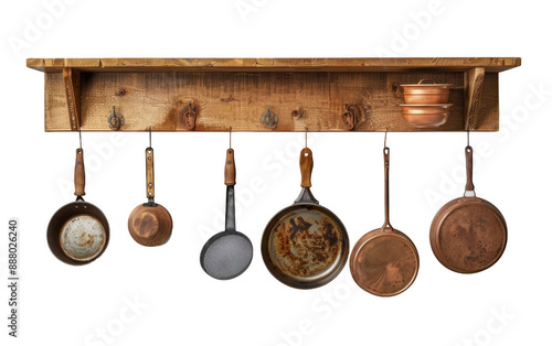 Wooden Kitchen Shelf with Hanging Pots and Pans photo