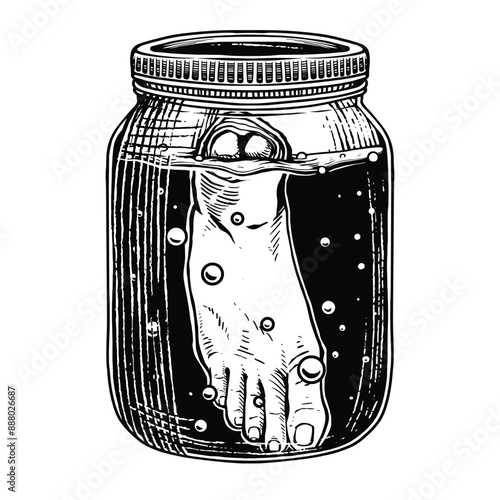 Glass bottle filled with leg pieces in water to preserve Hand drawing with detailed black and white