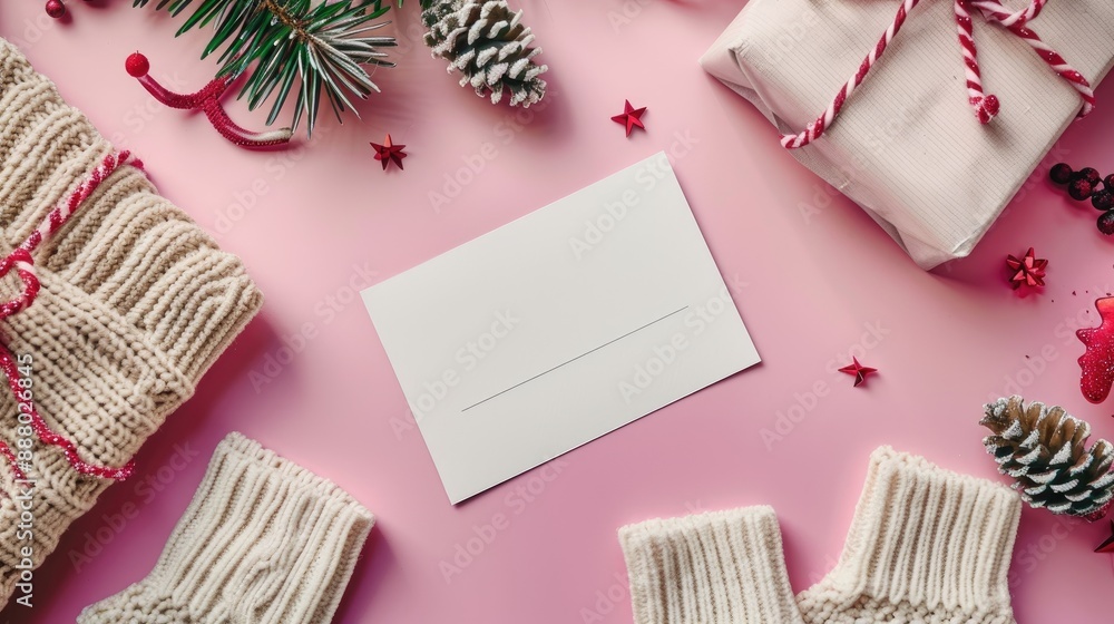 Stylish winter outfit holiday present and empty card on pink backdrop Stylish winter outfit holiday present and empty card on pink backdrop