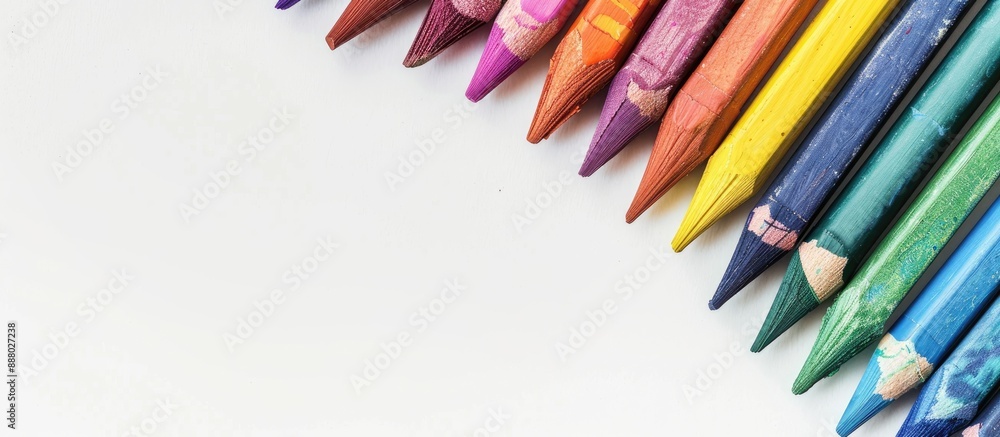 Colored wax crayons on a white backdrop with copy space image Colored wax crayons on a white backdrop with copy space image