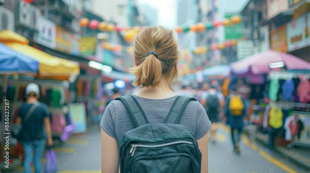 Rear View of Woman with Backpack Exploring Bustling Asian Street Market with Colorful Lanterns and Stalls Rear View of Woman with Backpack Exploring Bustling Asian Street Market with Colorful Lanterns and Stalls