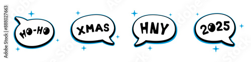 Holiday cartoon comic speech bubble sticker collection with sparkle stars and various messages HO-HO, XMAS, HNY, 2025. Merry Christmas and Happy New Year isolated label set vector eps illustration