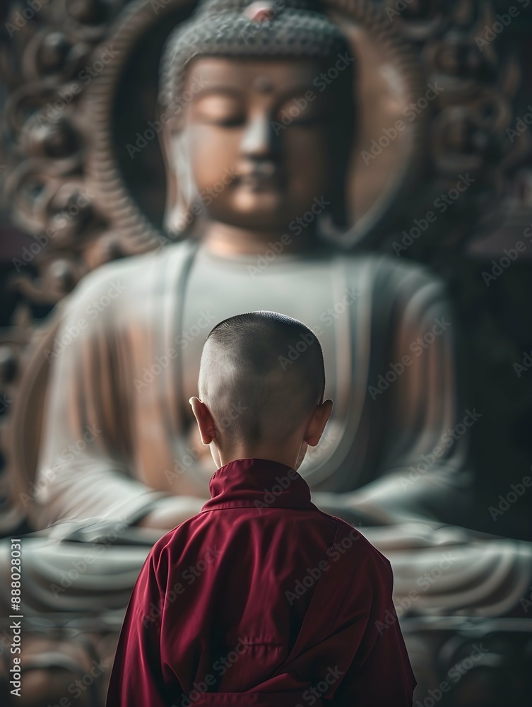 Naklejka premium Little Buddhist monk standing against the background of a buddha statue