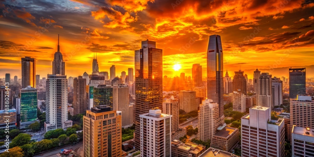Fototapeta premium Vibrant orange hue casts a warm glow on sleek skyscrapers, bustling streets, and modern architecture, set against a stunning sunset backdrop in downtown cityscape.