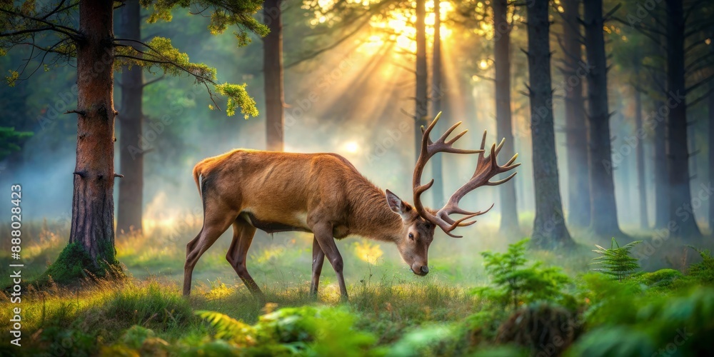 Fototapeta premium Majestic deer with large antlers and brown fur grazes peacefully in a serene forest surrounded by tall trees and lush green vegetation under misty morning light.