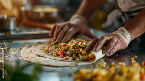 burrito being wrapped, Hands of a chef expertly folding a large tortilla with various colorful ingredients inside, Kitchen setting