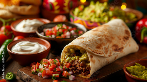 Burrito with condiments, A large burrito placed next to bowls of salsa, guacamole, and sour cream, Mexican-themed setting with colorful decorations