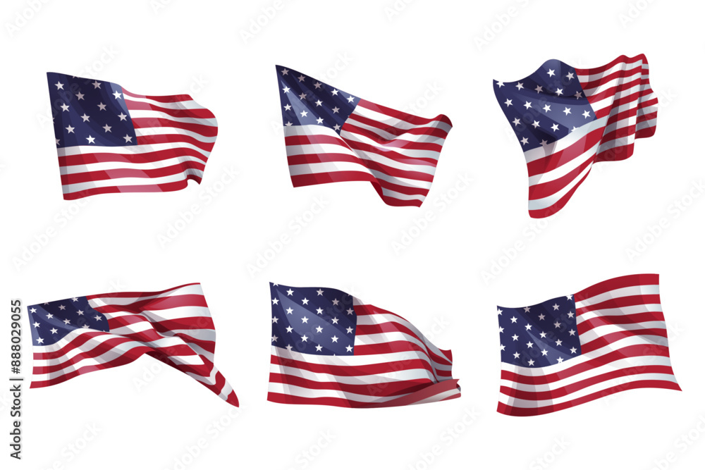 United states of america flag . Set of wavy US flag on isolated white background . Vector . United states of america flag . Set of wavy US flag on isolated white background . Vector .