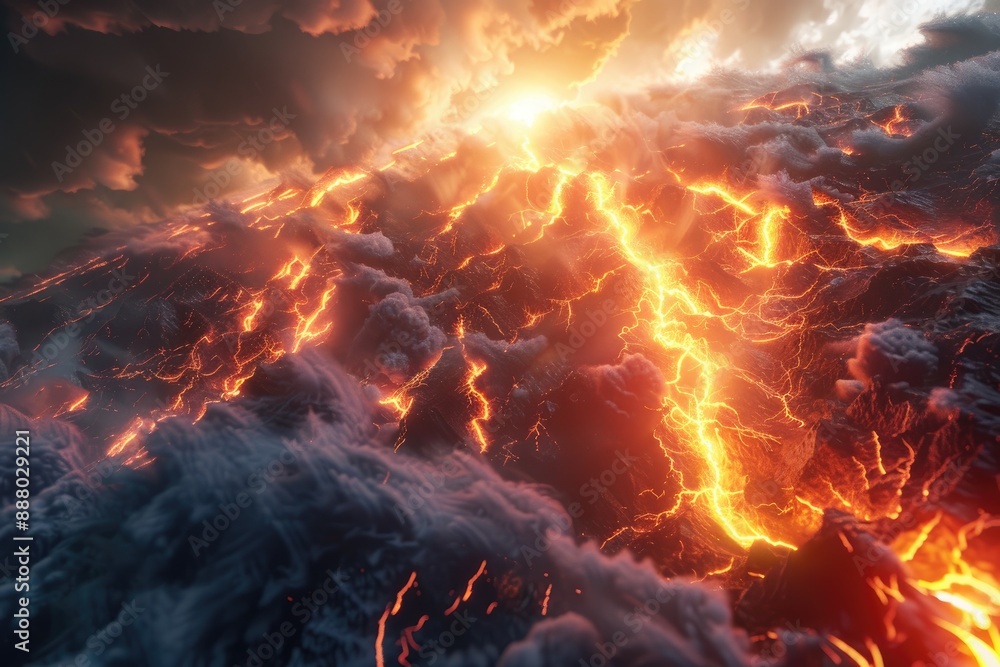 Volcanic eruption spewing lava and lightning into the sky Volcanic eruption spewing lava and lightning into the sky