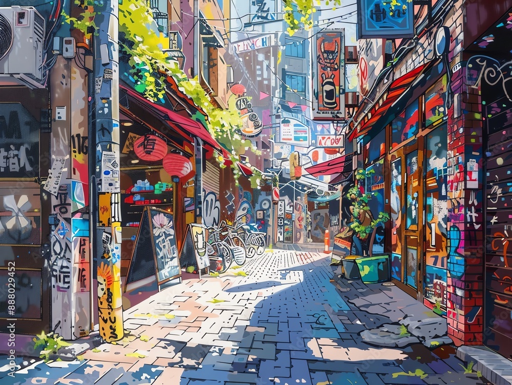 Naklejka premium Dense urban alleyway with vibrant street art, bustling shops, and a lively atmosphere, capturing the essence of city life