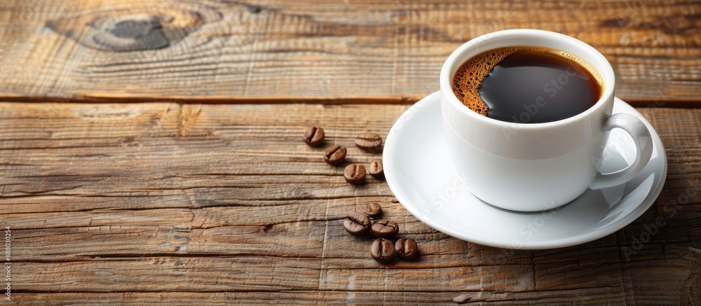 White cup with coffee on wooden table copy space image White cup with coffee on wooden table copy space image