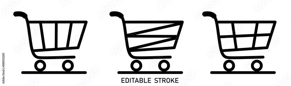 Editable line shopping cart icon set vector illustration on white background. Supermarket trolley symbol design to use for e-commerce, online shopping cart, web commerce design projects. Editable line shopping cart icon set vector illustration on white background. Supermarket trolley symbol design to use for e-commerce, online shopping cart, web commerce design projects.