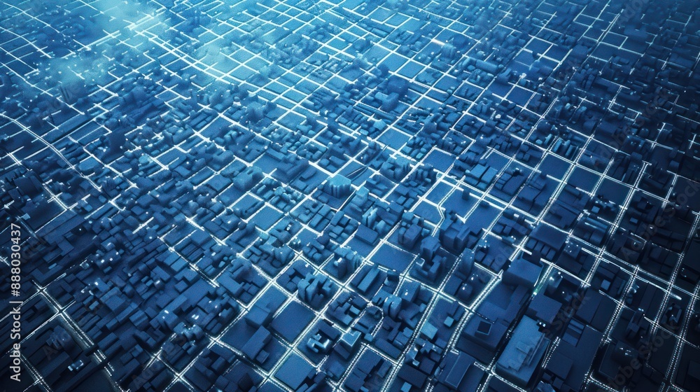An aerial view of a city with a grid of streets and buildings