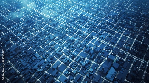 An aerial view of a city with a grid of streets and buildings