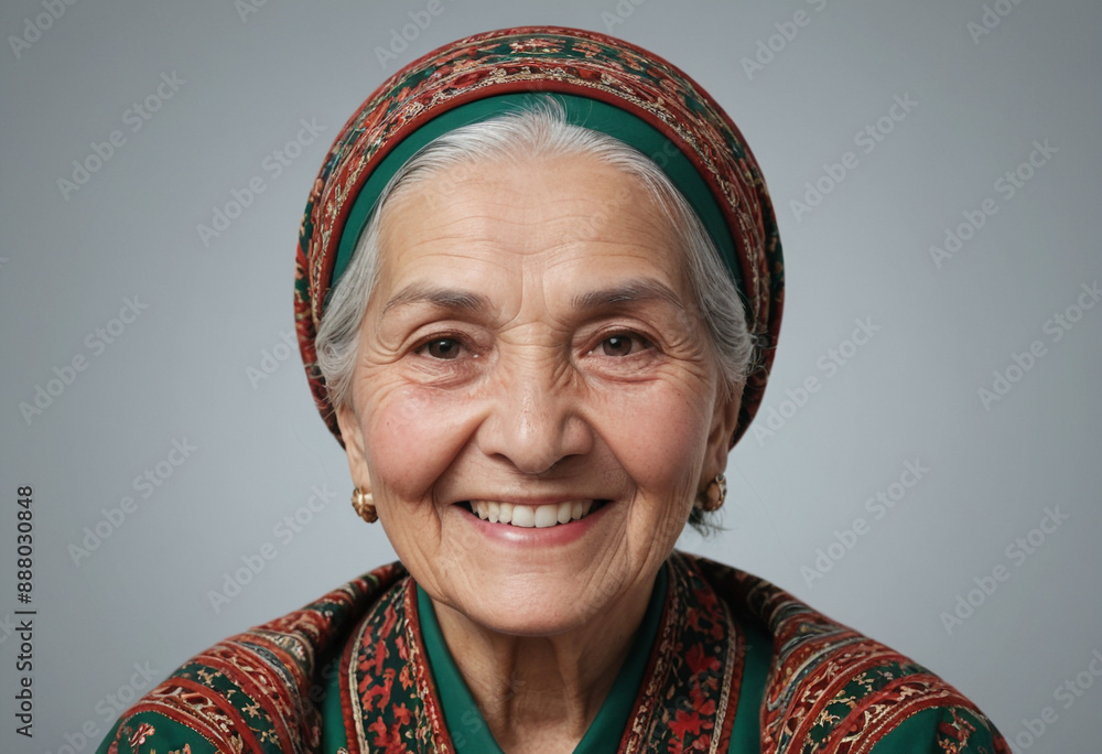 Portrait view of a regular happy smiling Turkmenistan old woman, ultra realistic, candid, social media, avatar image, plain solid background Portrait view of a regular happy smiling Turkmenistan old woman, ultra realistic, candid, social media, avatar image, plain solid background
