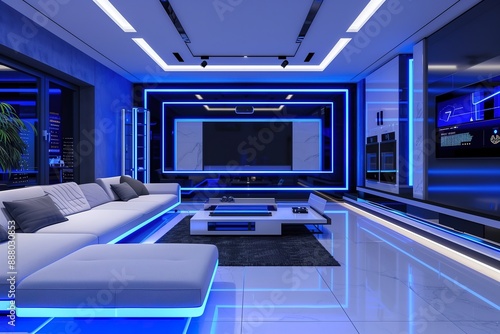 Futuristic Living Room with High Tech Smart Features and Neon Lighting