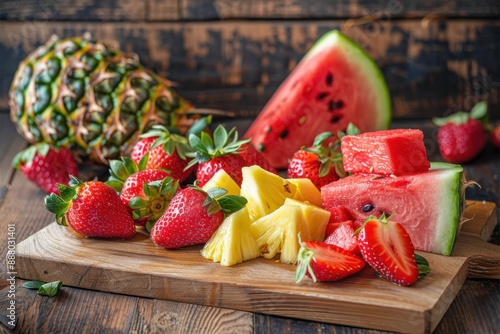 A delicious selection of sliced fruits, including pineapples, watermelon, and strawberries, neatly arranged on a wooden board, ready to be enjoyed as a tasty treat. photo