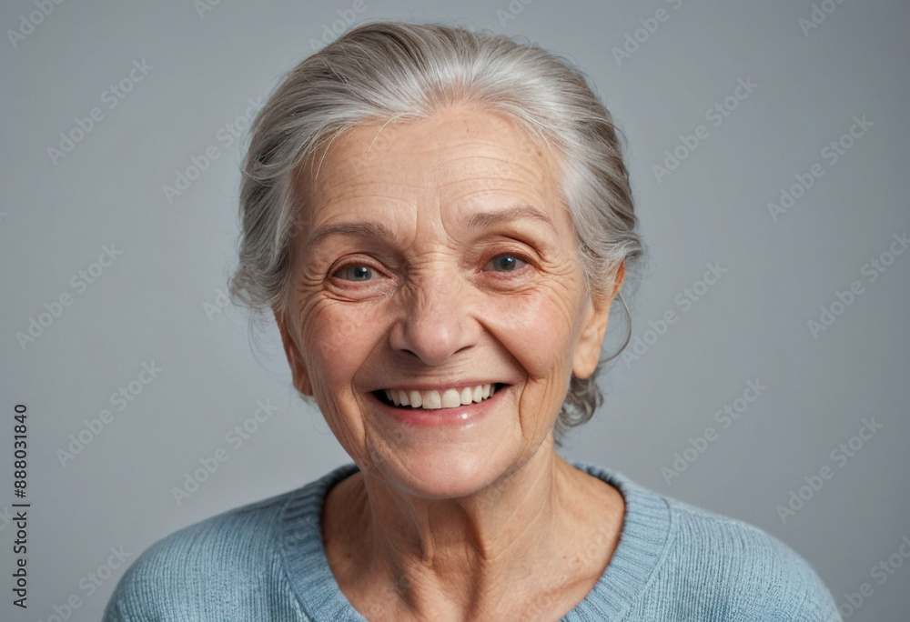 Portrait view of a regular happy smiling France old woman, ultra realistic, candid, social media, avatar image, plain solid background