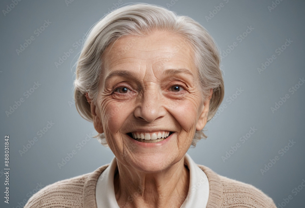 Portrait view of a regular happy smiling Germany old woman, ultra realistic, candid, social media, avatar image, plain solid background