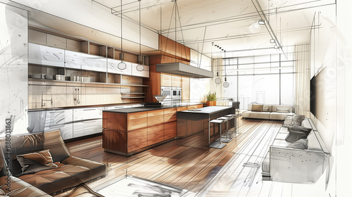 Modern Stylish Room Interior Design Sketch: A High-Quality Conceptual Illustration of a Sleek and Contemporary Living Space