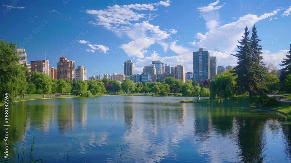 Fototapeta premium An urban park with a lake and city buildings in the background