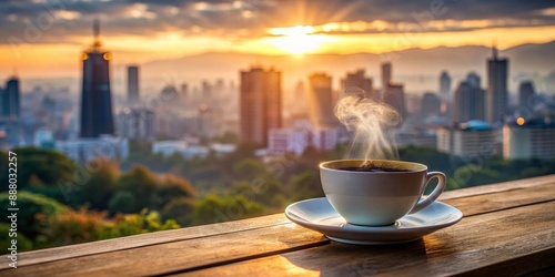 Fototapeta Naklejka Na Ścianę i Meble -  A serene cup of steaming coffee sits alone on a small cafe table, with a blurred cityscape of buildings and streets in the background.