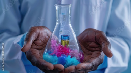 A scientist holding a beaker with colorful chemical reactions inside on an isolated background