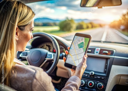 Close up hand woman using navigation on mobile smartphone. Blurred car interior background. Viewing location map in a network via smartphone during road trip