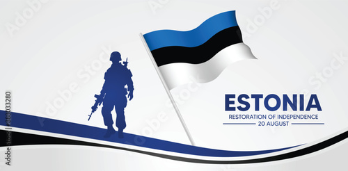 Estonia Restoration of Independence solider standing with waving flag vector poster 