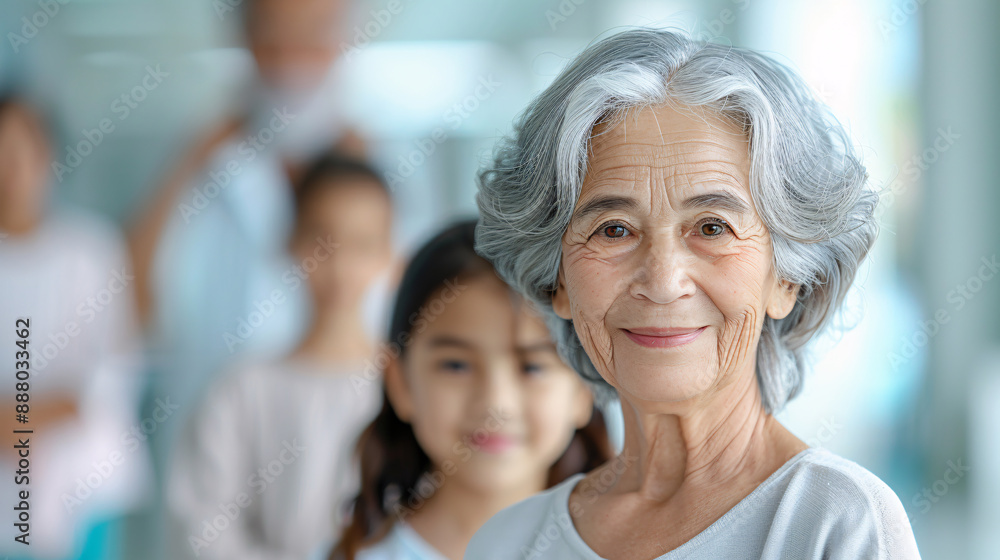 Fototapeta premium A woman with gray hair is smiling at the camera. She is surrounded by children, one of whom is wearing a white shirt. The scene appears to be a family photo