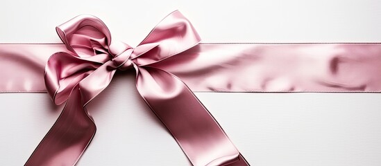 Silk ribbon with decorative bow stands out against white background in copy space image