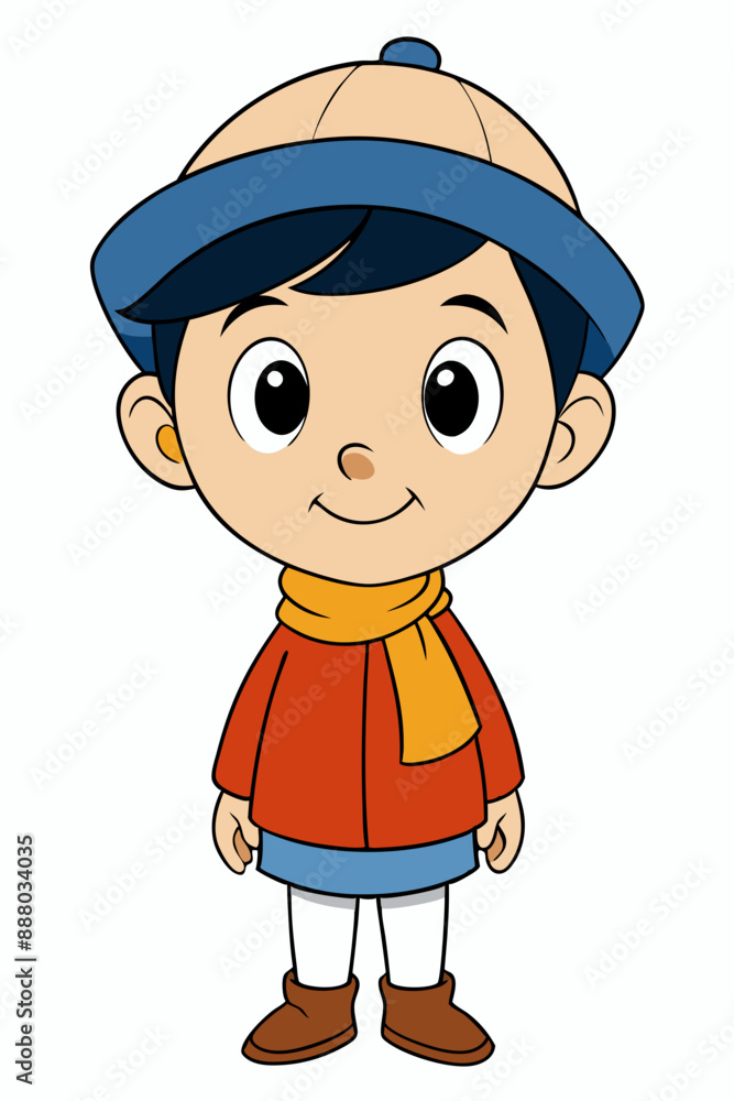 Cute little boy wearing a hat and scarf cartoon-style vector illustration 