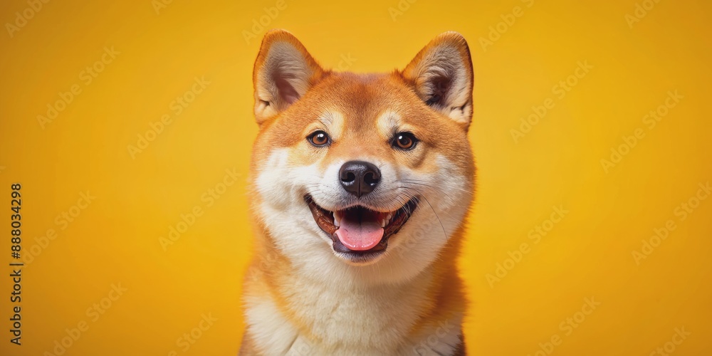 Adorable red-haired Shiba Inu dog with bright smile and sparkling eyes, isolated on vibrant yellow orange background, providing ample copy space for text or design. Adorable red-haired Shiba Inu dog with bright smile and sparkling eyes, isolated on vibrant yellow orange background, providing ample copy space for text or design.